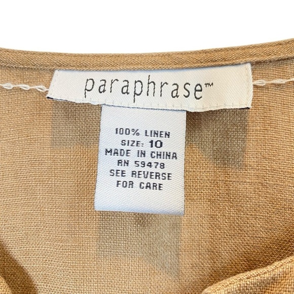 PARAPHRASE Women's 10 Tan 100% linen lagenlook neutral tunic long Sleeve Top - Picture 5 of 7